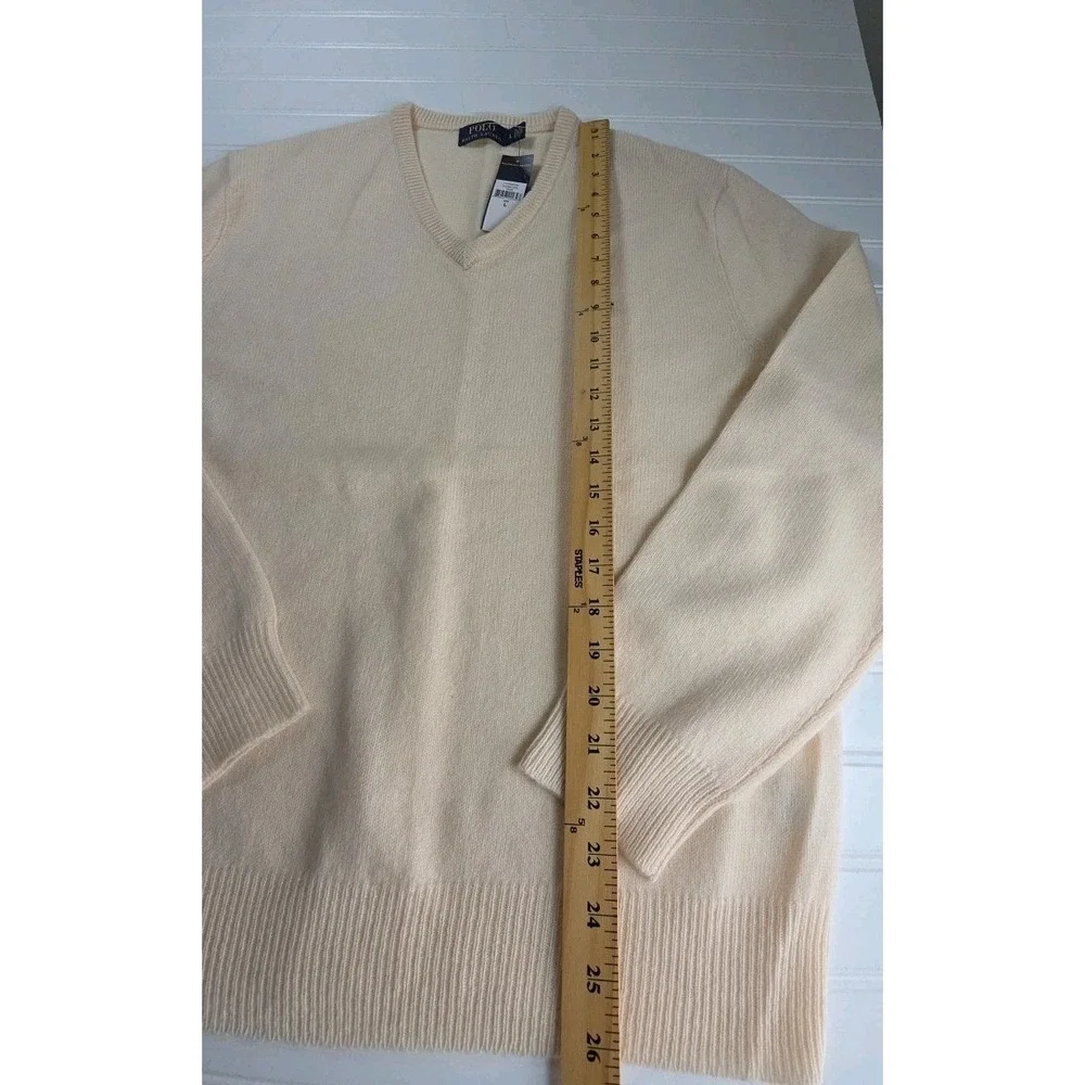 POLO RALPH LAUREN MEN'S LARGE V NECK SWEATER‎ CREAM WOOL, LOGO, NWT